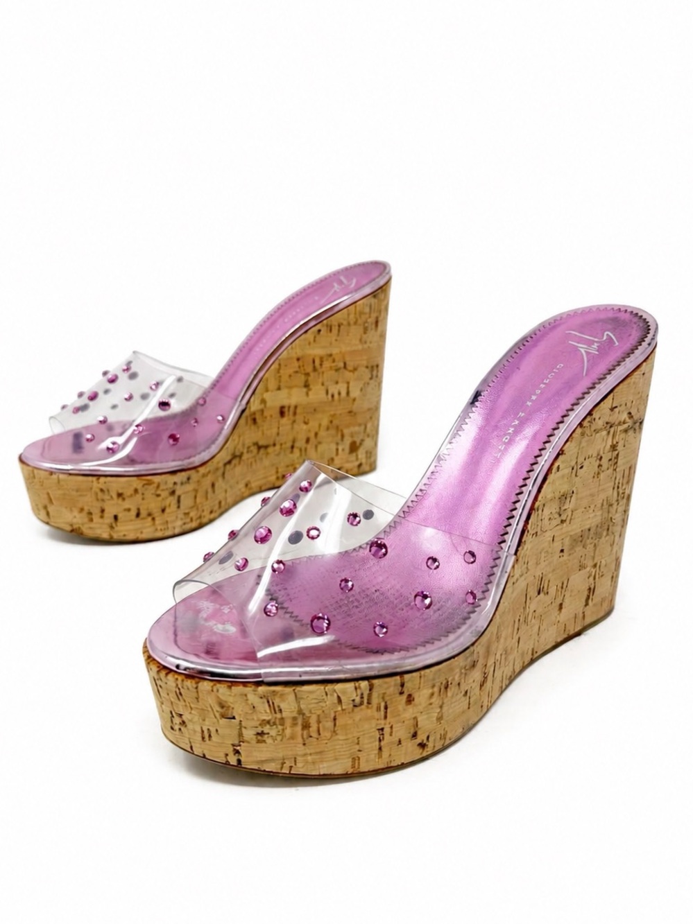 Giuseppe Zanotti Pink Rhinestone Cork Wedge Slide Sandals Womens Size EU 39